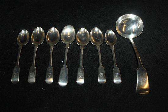 6 silver teaspoons and matching sauce ladle and an Exeter teaspoon